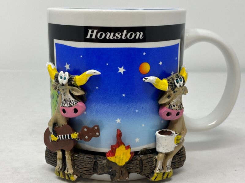 Texas HOUSTON SOUVENIR Coffee MUG Tea cup  3-D LONGHORN COWS Guitar Campfire
