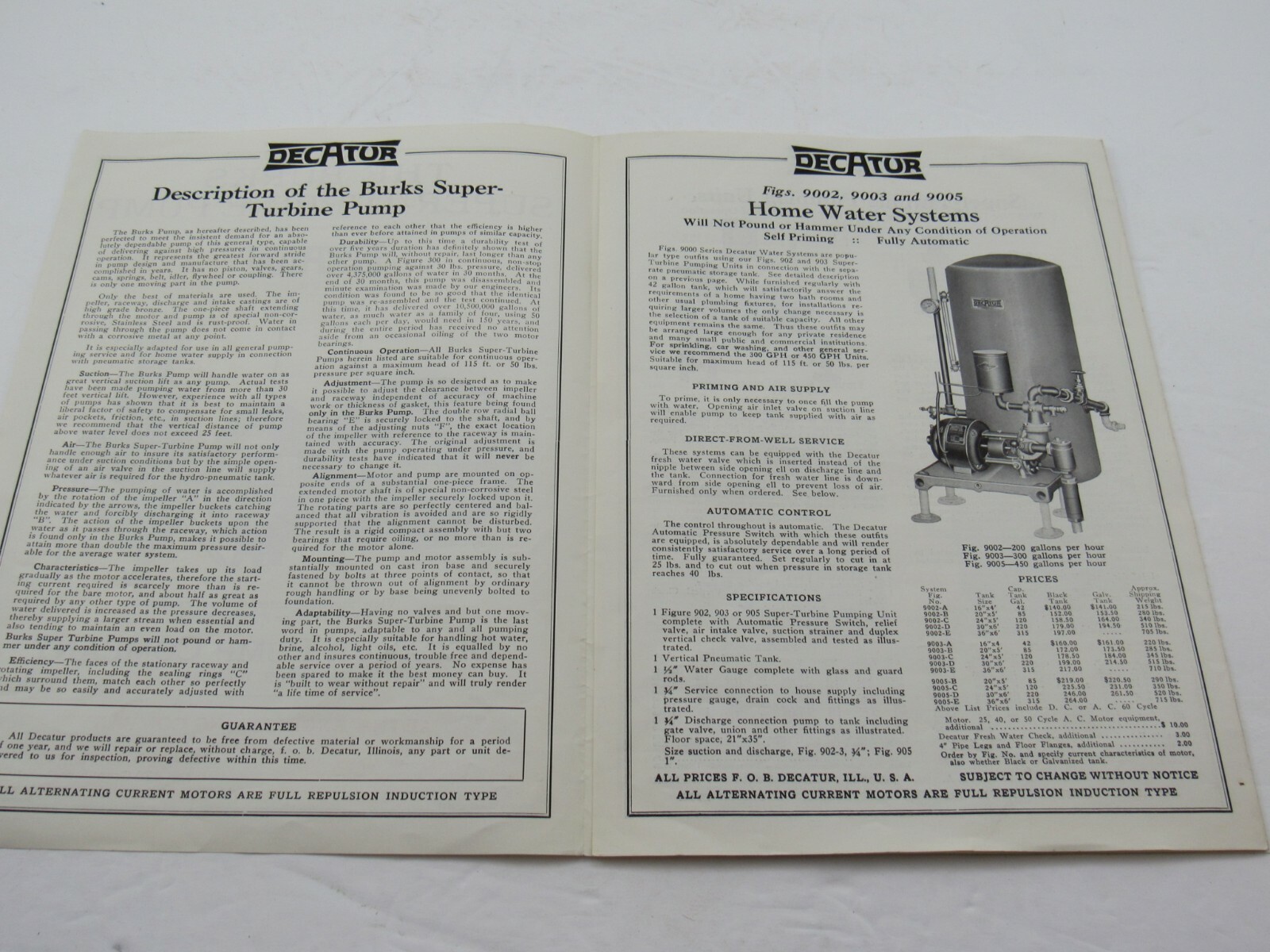1927 DECATUR PUMP Illustrated Brochure : Super Turbine Pump, Home Water Systems