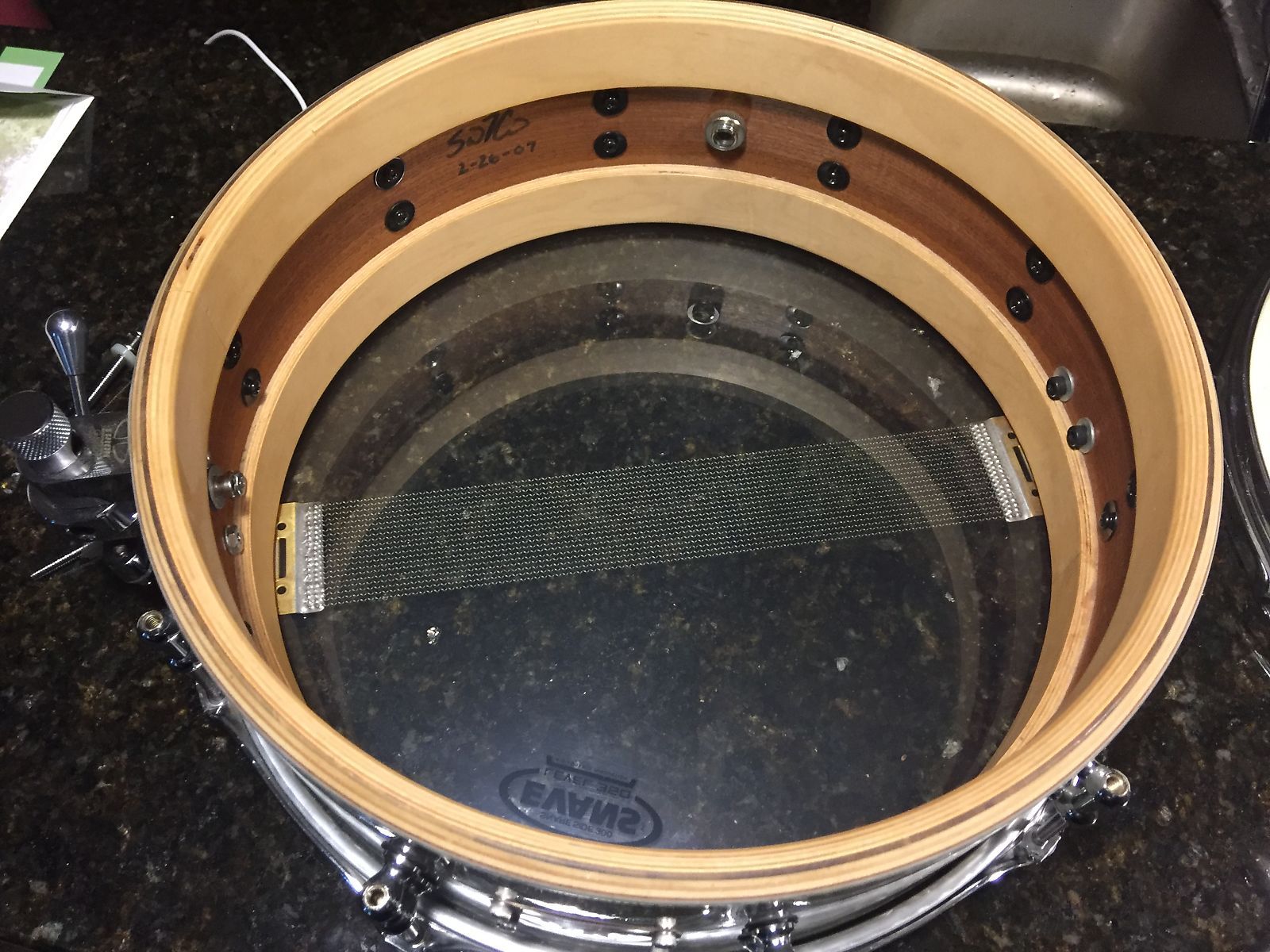 2007 Custom SJC 5 x14 Snare Drum 3 Ply Mahogany White Marine Pearl finish