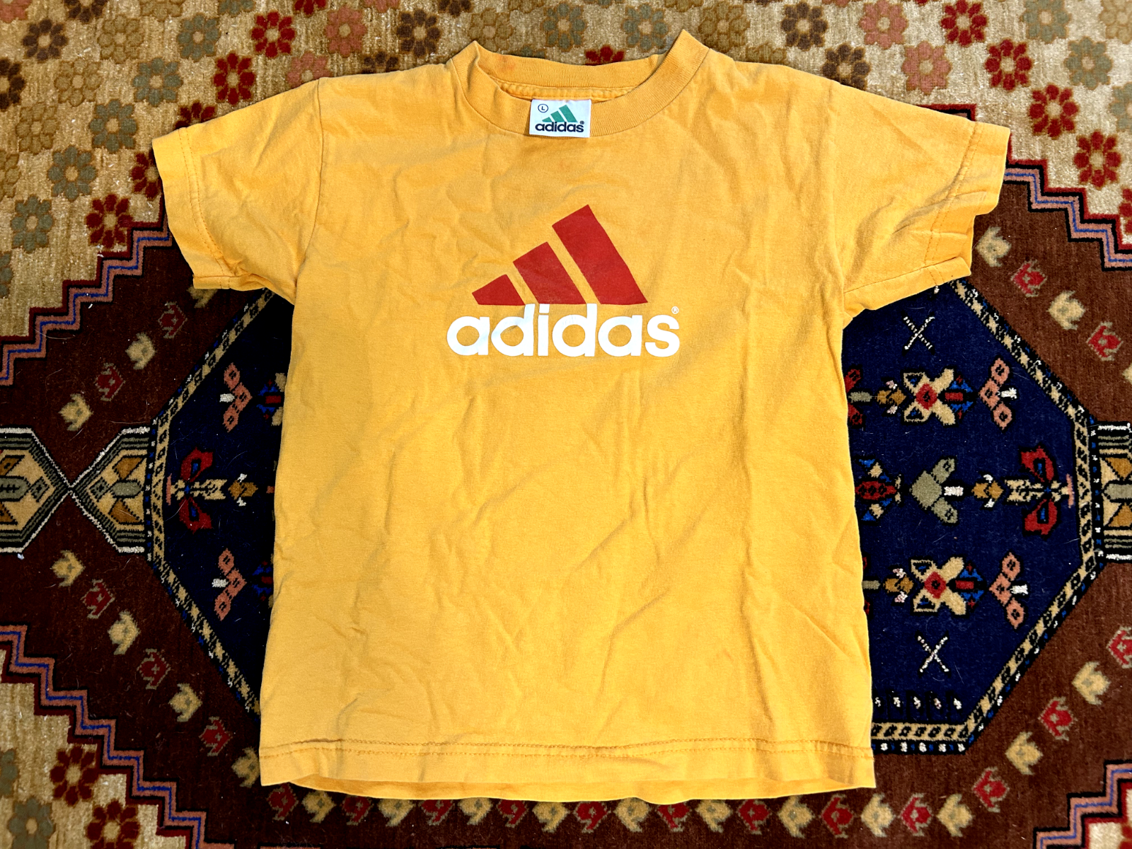 VINTAGE Adidas Shirt Youth Large Yellow +Red Spell Out Logo