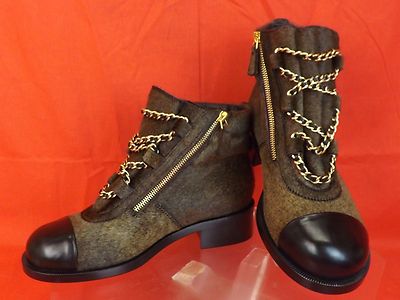 Pre-owned Chanel Brown Gold Charms Chain Black Cap Toe Pony Hair Ankle Boots 39 $2k In Brown/black/gold