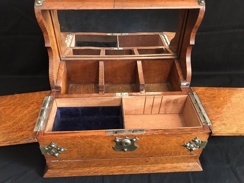 Antique English Oak Tantalus With Crystal Decanters & Bramah London Lock & Key