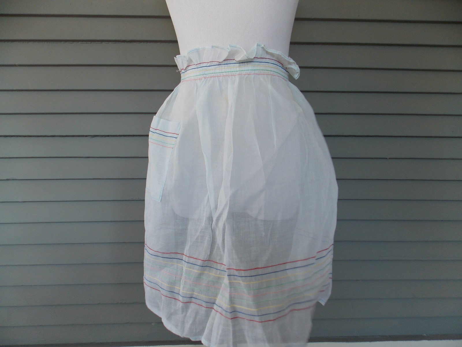 Vintage Handmade Half Apron Light Blue With Pocket Multi Colored Threads