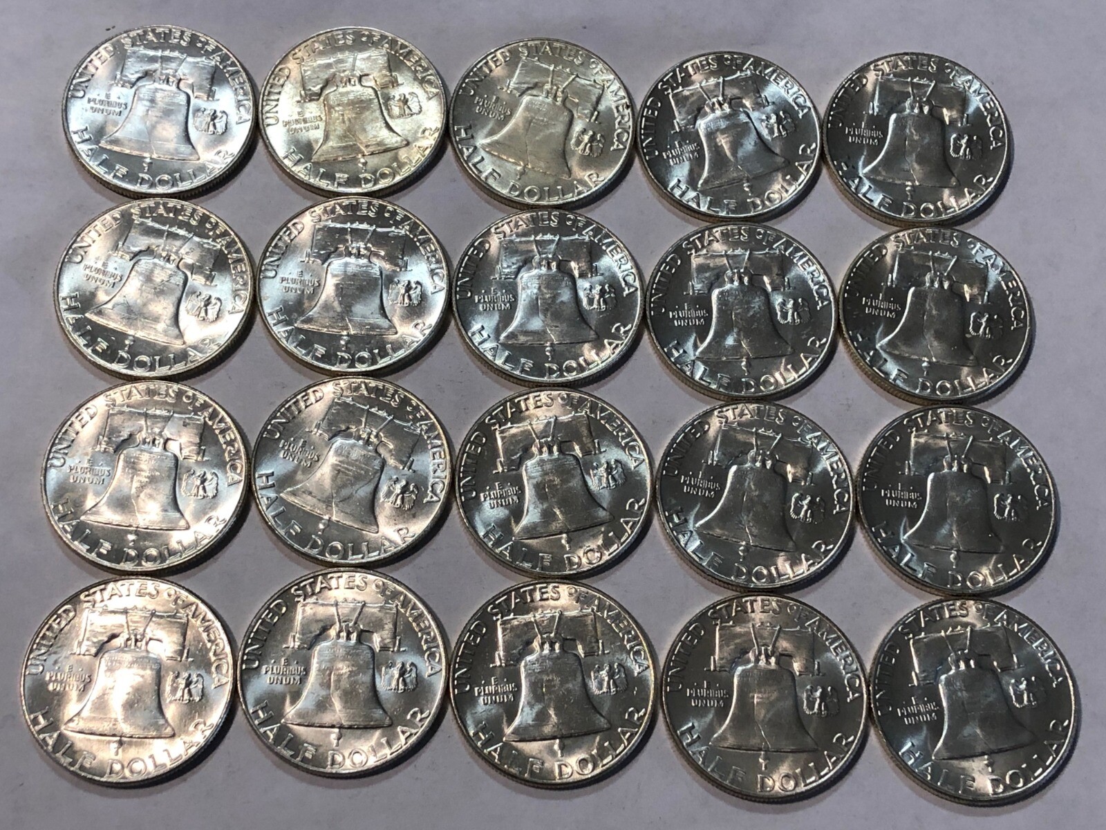 ROLL of 20 1956 BU Franklin silver half dollars.