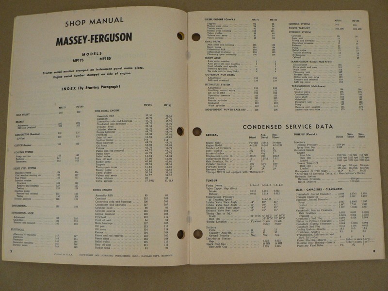 Massey Ferguson Tractor I&T Repair Shop Service Manual MF175 MF180 MF-29 1970