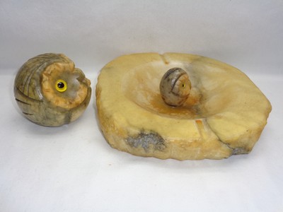 Vtg Italian Alabaster Marble Stone Carved Owl Ashtray & Owl Head Paperweight