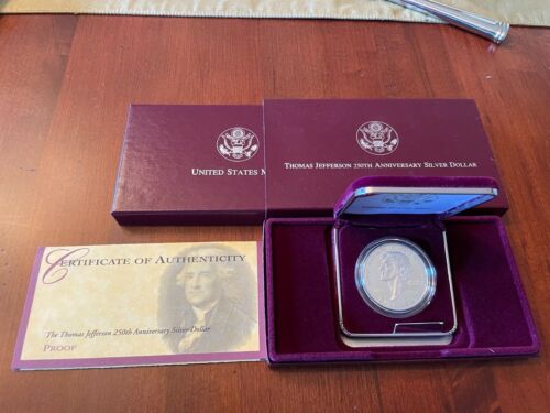 1993 Thomas Jefferson Proof Silver Dollar in box with COA