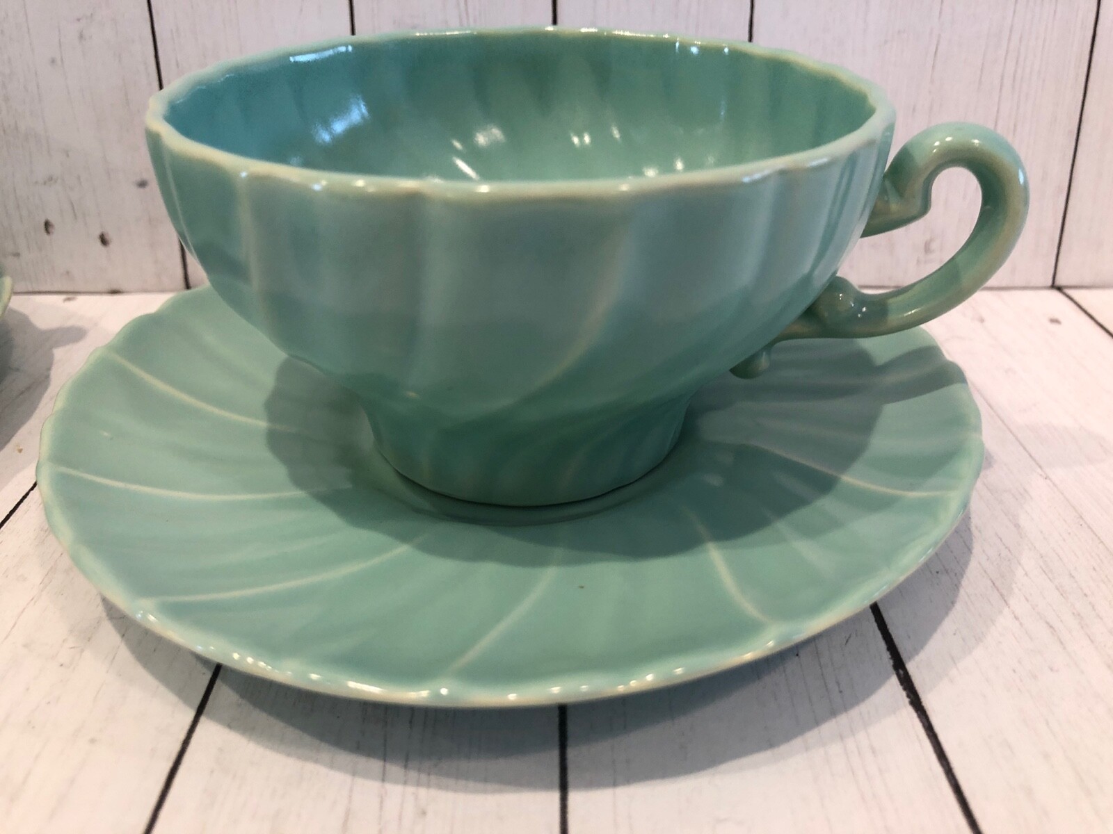 2 Franciscan Ware CORONADO Swirl Aqua Gloss Shiny Tea Coffee Cup Saucer