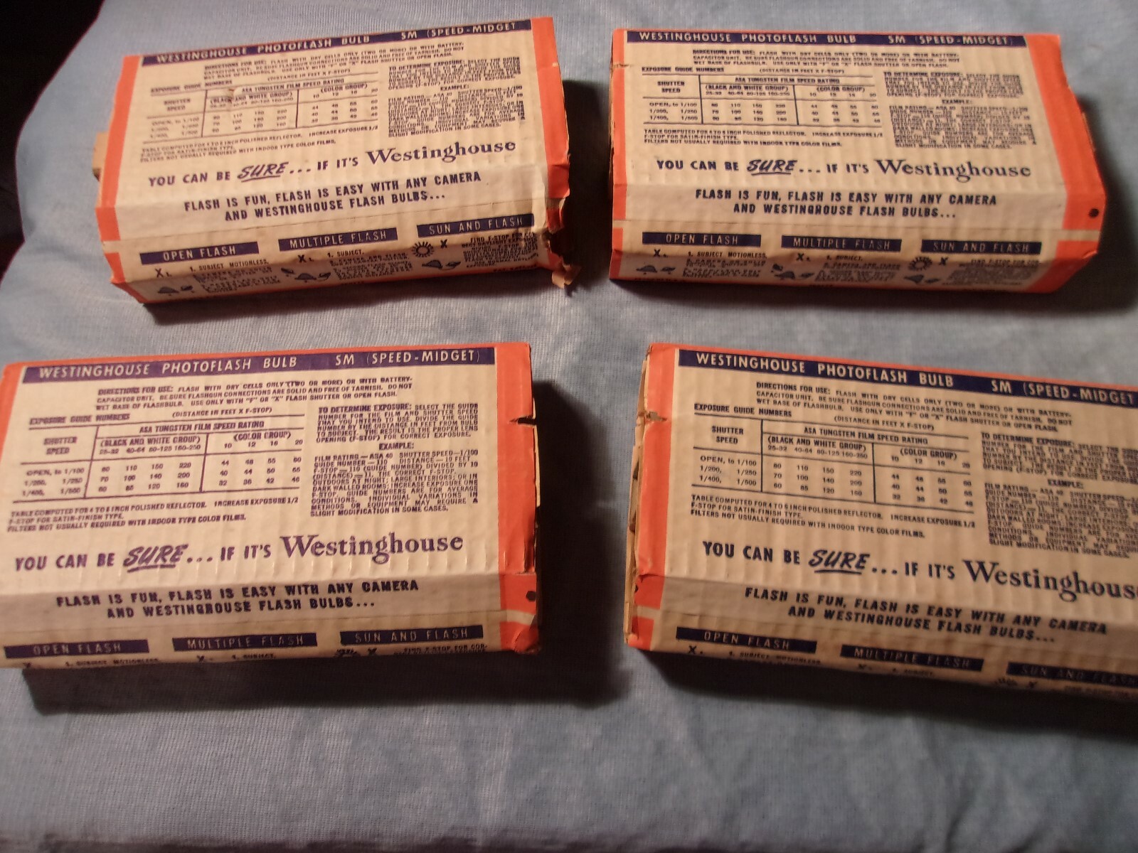 Vintage 4 Boxes 8 Each WESTINGHOUSE PHOTOFLASH BULBS SPEED MIDGET SM Class F