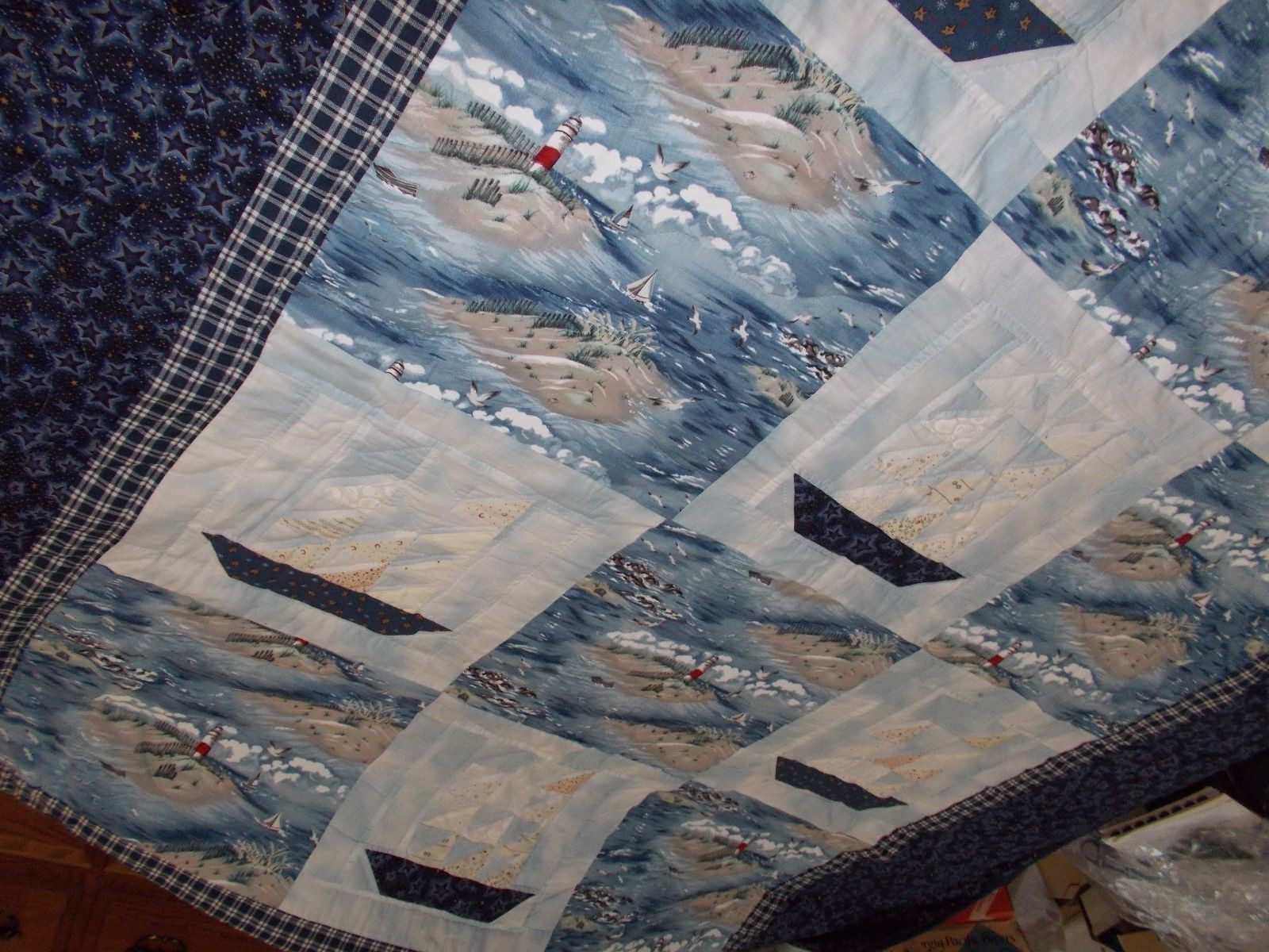 Large Handmade Lancaster Quilt with Seascape/Boat Pictures, Very Nautical