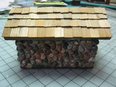 Handcrafted birdhouse - small lake stones cobble and shaker shingle roof 8.5 x 5