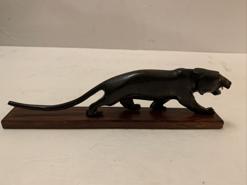 Vintage BLACK PANTHER Figurine Handmade Of Real Buffalo Horn INDIA 8.5”