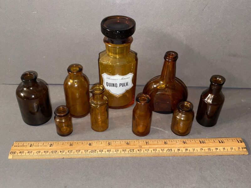 LOT OF 9 VINTAGE AMBER BROWN GLASS APOTHECARY PHARMACY MEDICINE SPELL BOTTLES