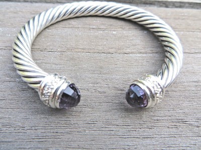 $1950 NEW DAVID YURMAN STERLING SILVER 7MM AMETHYST DIAMOND CABLE BRACELET