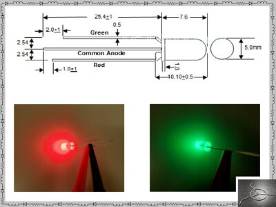 Qty:10 of 5 mm Bi-Color Dual Green/Red LED Diodes Lights Mini Lamps Common Anode