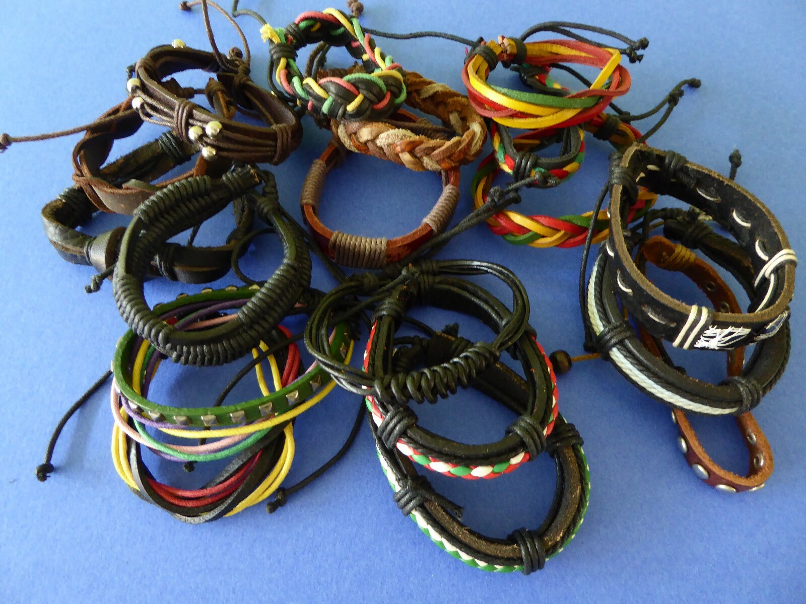 Lot of 18 Braided Surfer Multi Layer Cuff Bracelet Leather Multicolored