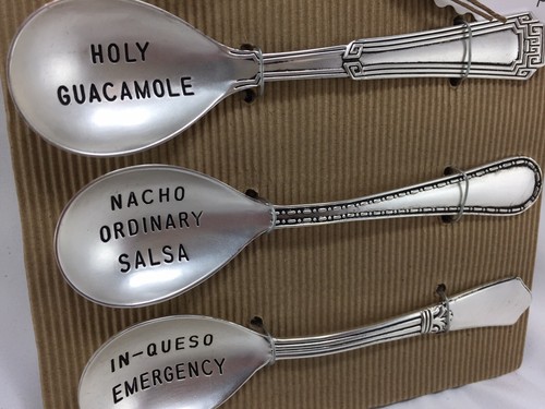 Brand New Mud Pie Circa Salsa Spoon Set Silver Humorous Funny Serving Spoons