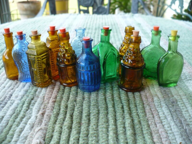 LOT of 12 multi colored miniature bottles (bitters?) retro decorative 