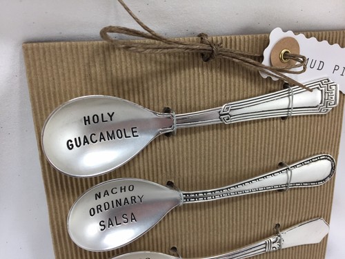 Brand New Mud Pie Circa Salsa Spoon Set Silver Humorous Funny Serving Spoons