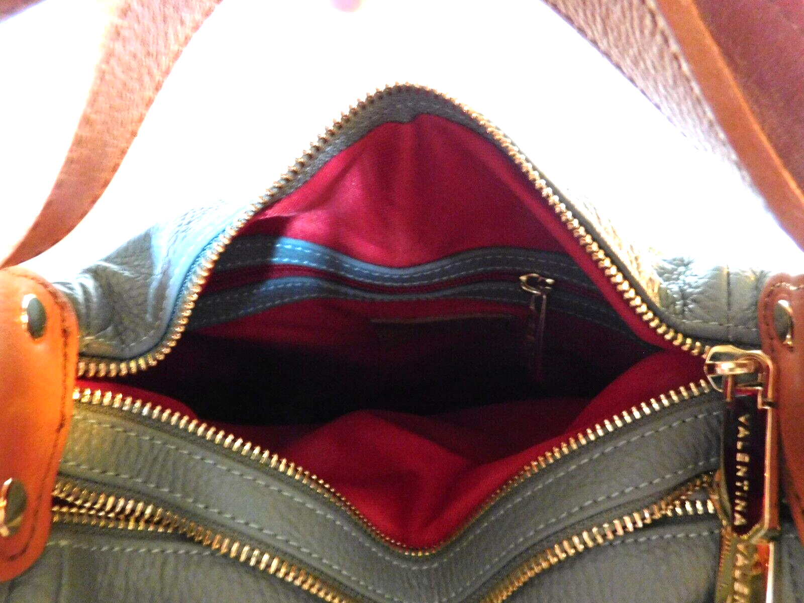 Valentina Italian Convertible Backpack Shoulder Bag Jade Green Cognac Trim NWT