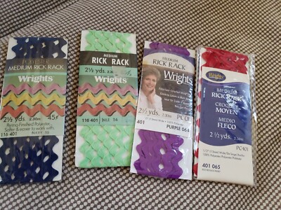 Sewing Notions Wrights 4 Pkg Med Rick Rack 2.5yd ea Poly Red Navy Purple Green