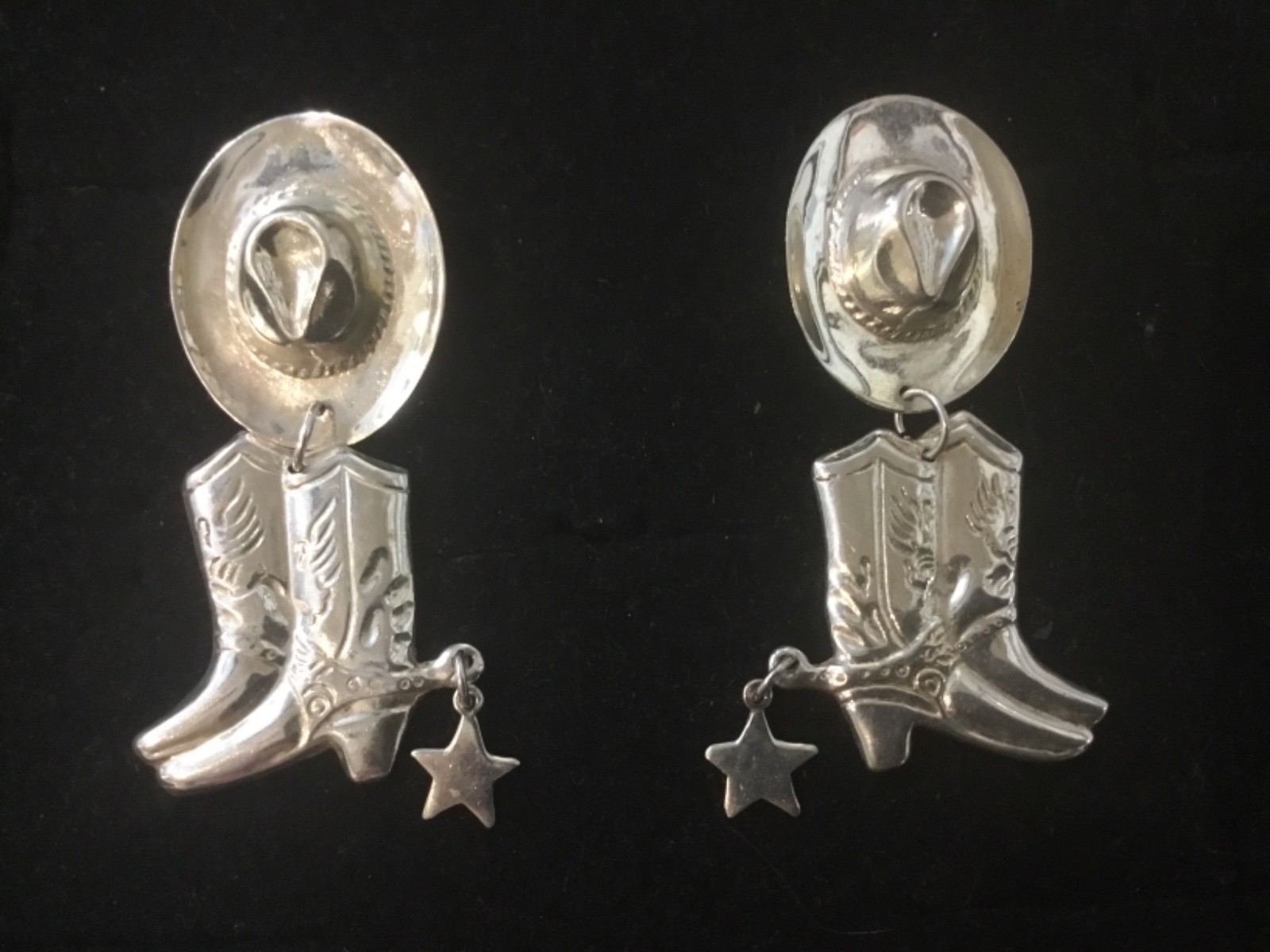 Indian Southwest 925 Sterling Silver Cowboy Boot/Hat/Texas Hanging Stud Earrings