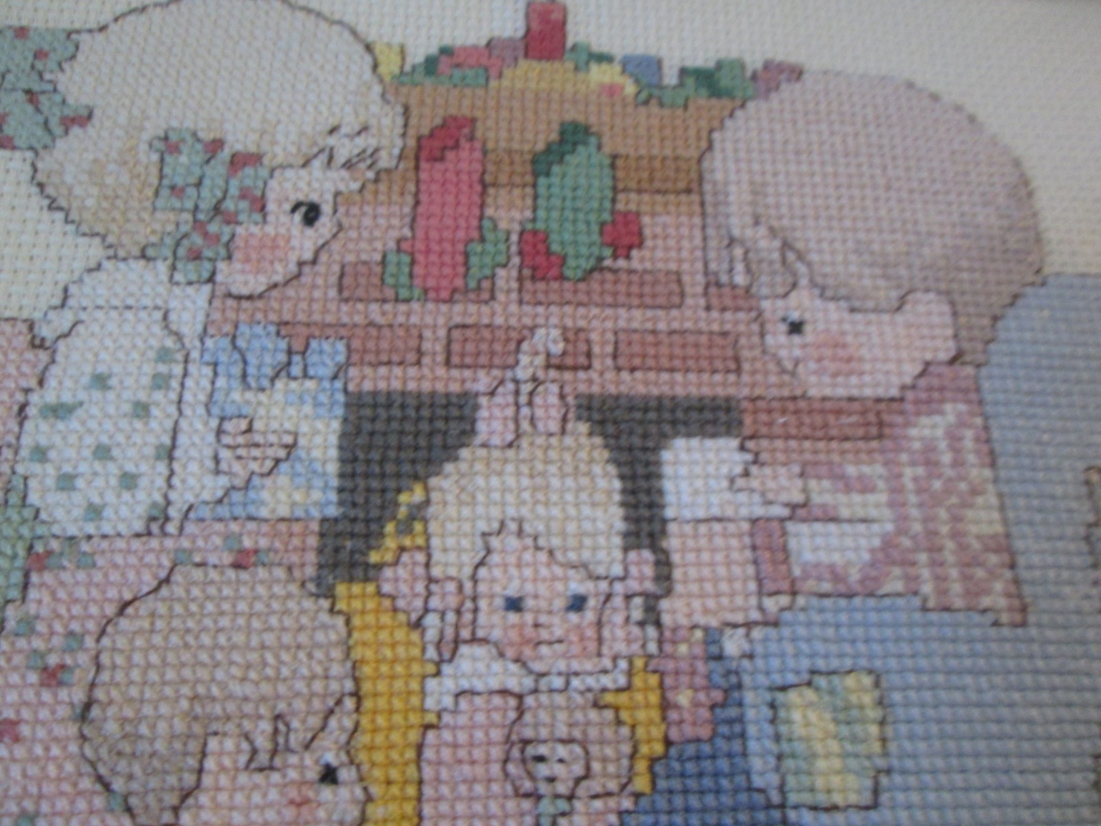 2 Completed Christmas Cross Stitch Framed Precious Moments Tree Bear Stockings
