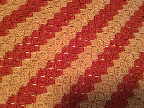 Vintage Crocheted Afghan Throw Autumn Fall Colors 36x38 Brown TanDiagonal Stripe