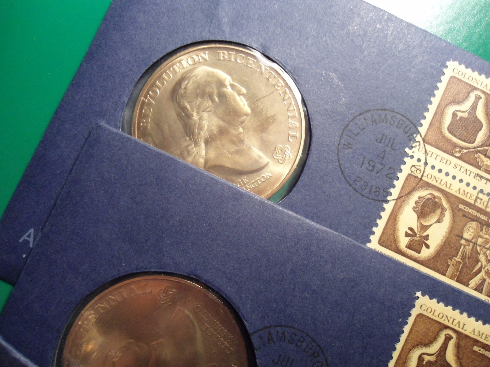 Lot of 3 Bicentennial Medals with Stamps and 6 Uncirculated 2004 Nickels.