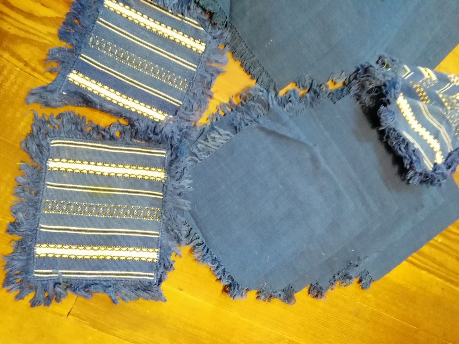 Vintage Hungarian HUNGARY Napkin Set Blue Woven Stripes Solid Lot of 19 Fringe