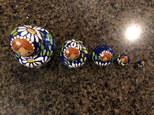 Vintage Set of 5 Russian Nesting Dolls Blue Floral Handpainted