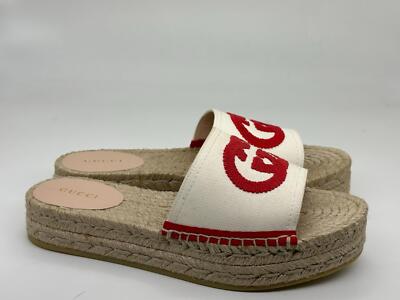 Pre-owned Gucci Pilar Gg Canvas Espadrille Slide Mule Sandal Flat Platform Shoes $580 In White, Red