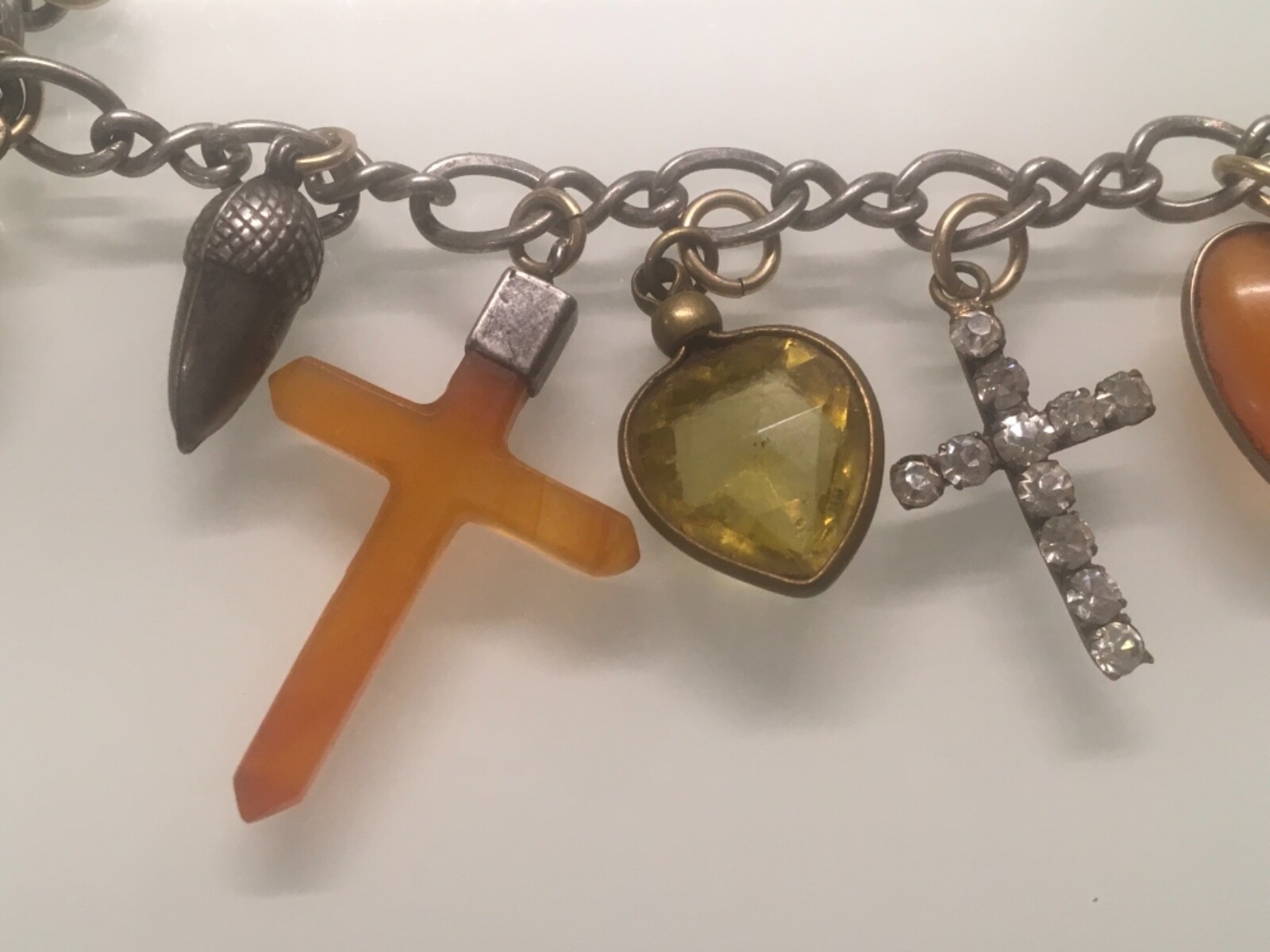UNUSUAL, RARE ANTIQUE/VICTORIAN CHARMS, VERY SPECIAL BRACELET, ESSEX CRYSTAL ETC