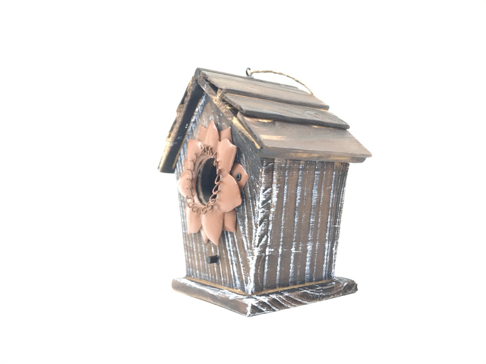 Farmhouse Rustic Style Hanging Birdhouse Decorative Wood & Metal Brown Flower