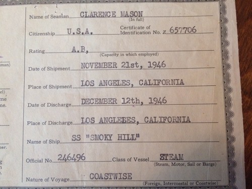 1946 U.S. Coast Guard Certificate of Discharge Merchant Seaman Steam Vessels