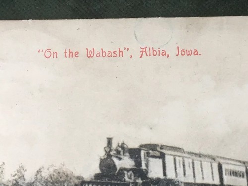 On The Wabash, Albia, Iowa, 1909 RPPC Postcard ~ Train Engine on Railroad Bridge