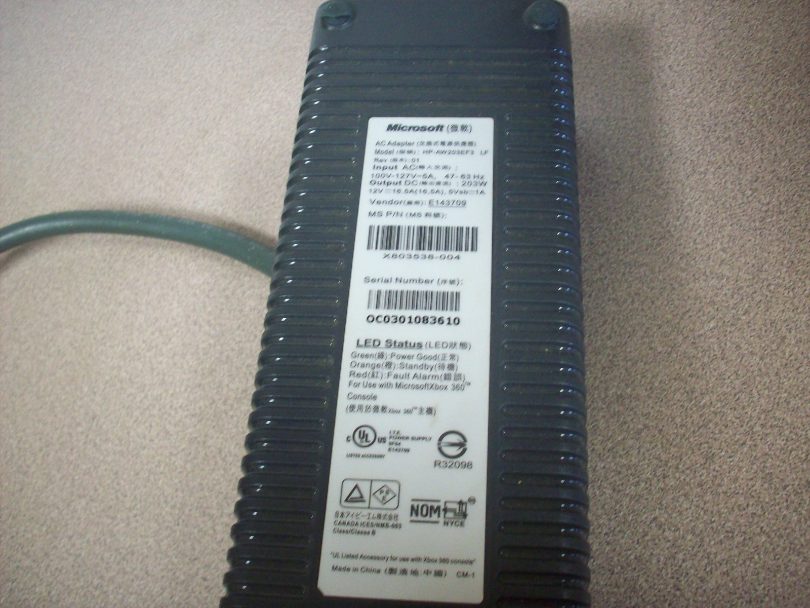 Genuine Microsoft HP-AW203EF3 LF 203W AC Brick Power Adapter For Xbox 360