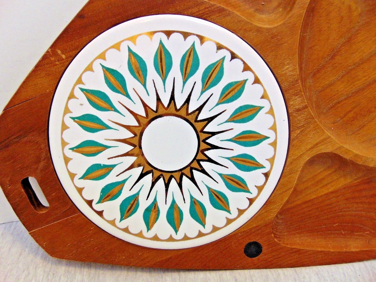 Vtg Woodcrest by Styson Snack Serving Dish Platter Wooden has Ceramic Round Tile
