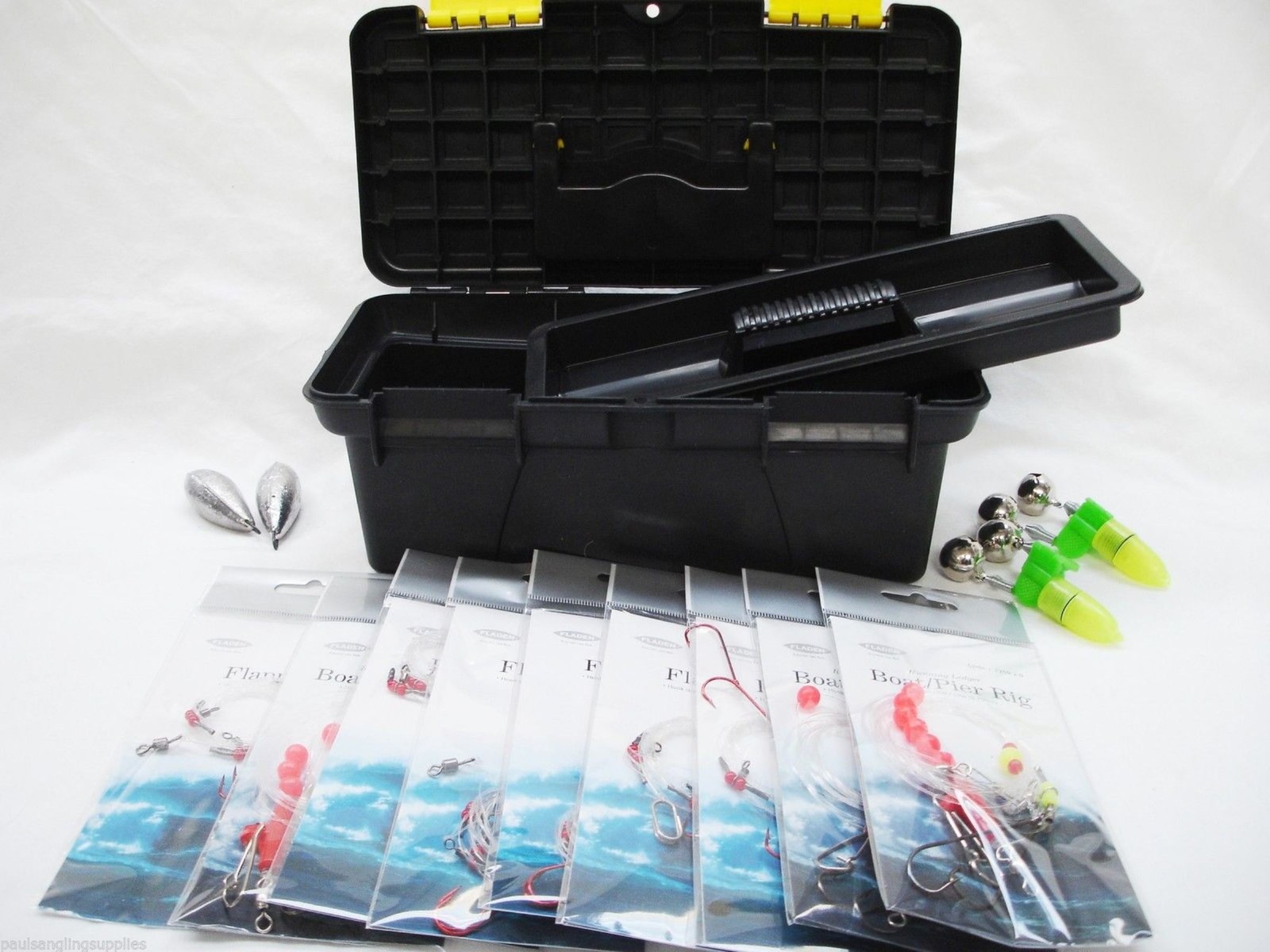 Fishing Tackle Box Removable Tray & 10 Beach Rigs Weights Bell & Bite