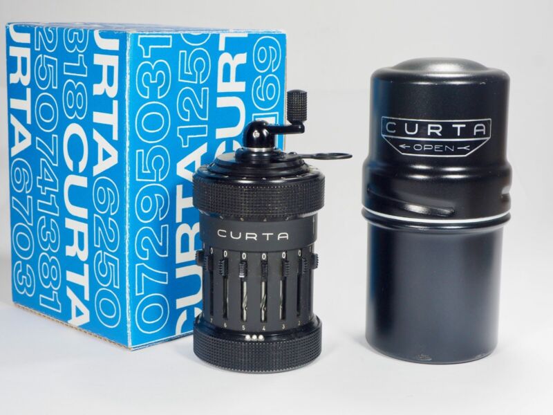 Pristine Curta Calculator 1960 Type 1 all metal w/can 3 manuals perfect function