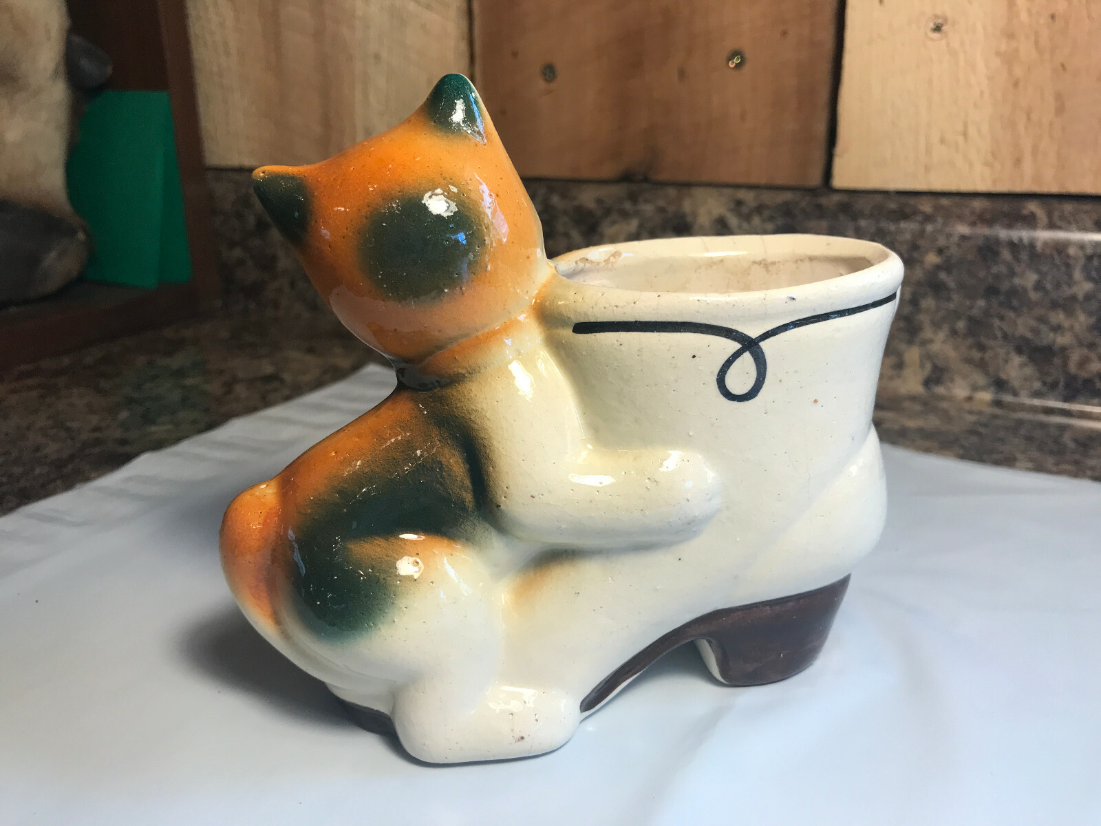 Vintage Ceramic Cat Boot Shoe Planter