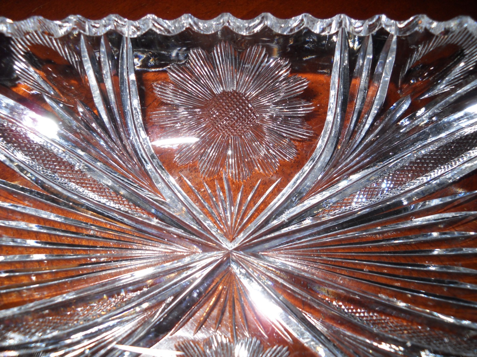 Cut Glass Relish Dish Sunflower Pattern Saw Tooth Rim