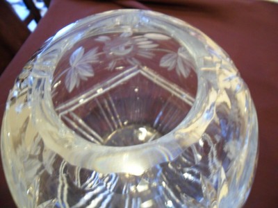 LRG CRYSTAL ROSE BOWL W/GRAY CUT GLASS ROSES/LEAVES/SWAGS 5 1/2 LBS EUC 1940's?