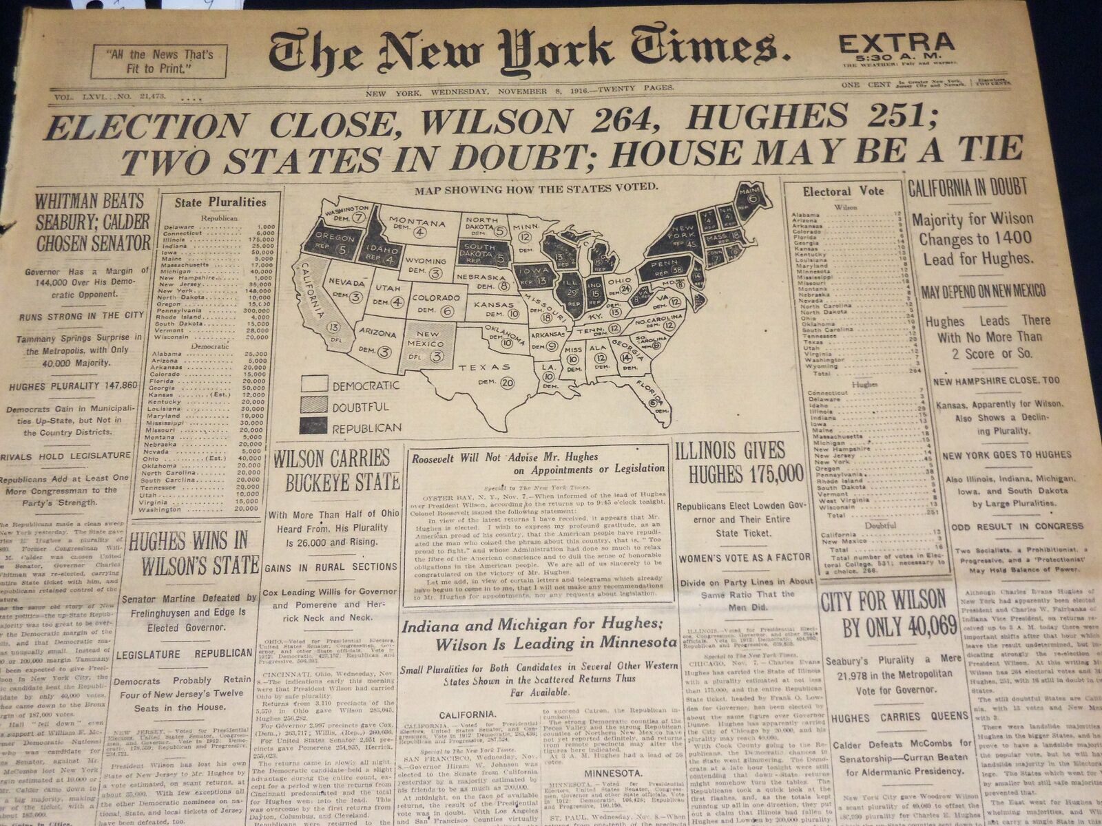 1916 NOVEMBER 8 NEW YORK TIMES - ELECTION CLOSE WILSON 264 HUGHES 251 - NT 7687 1916 NOVEMBER 8 NEW YORK TIMES - ELECTION CLOSE WILSON 264 HUGHES 251 - NT 7687