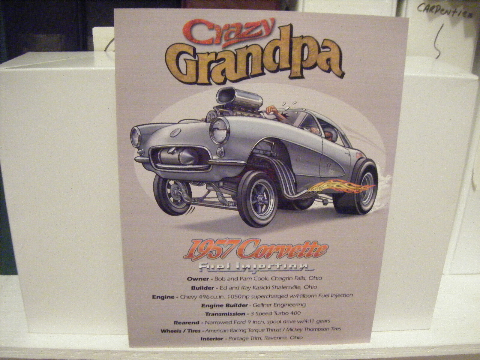 CRAZY GRANDPA 1957 FUEL INJECTED 57 CHEVY CORVETTE GASSER DRAG RACE POSTCARD