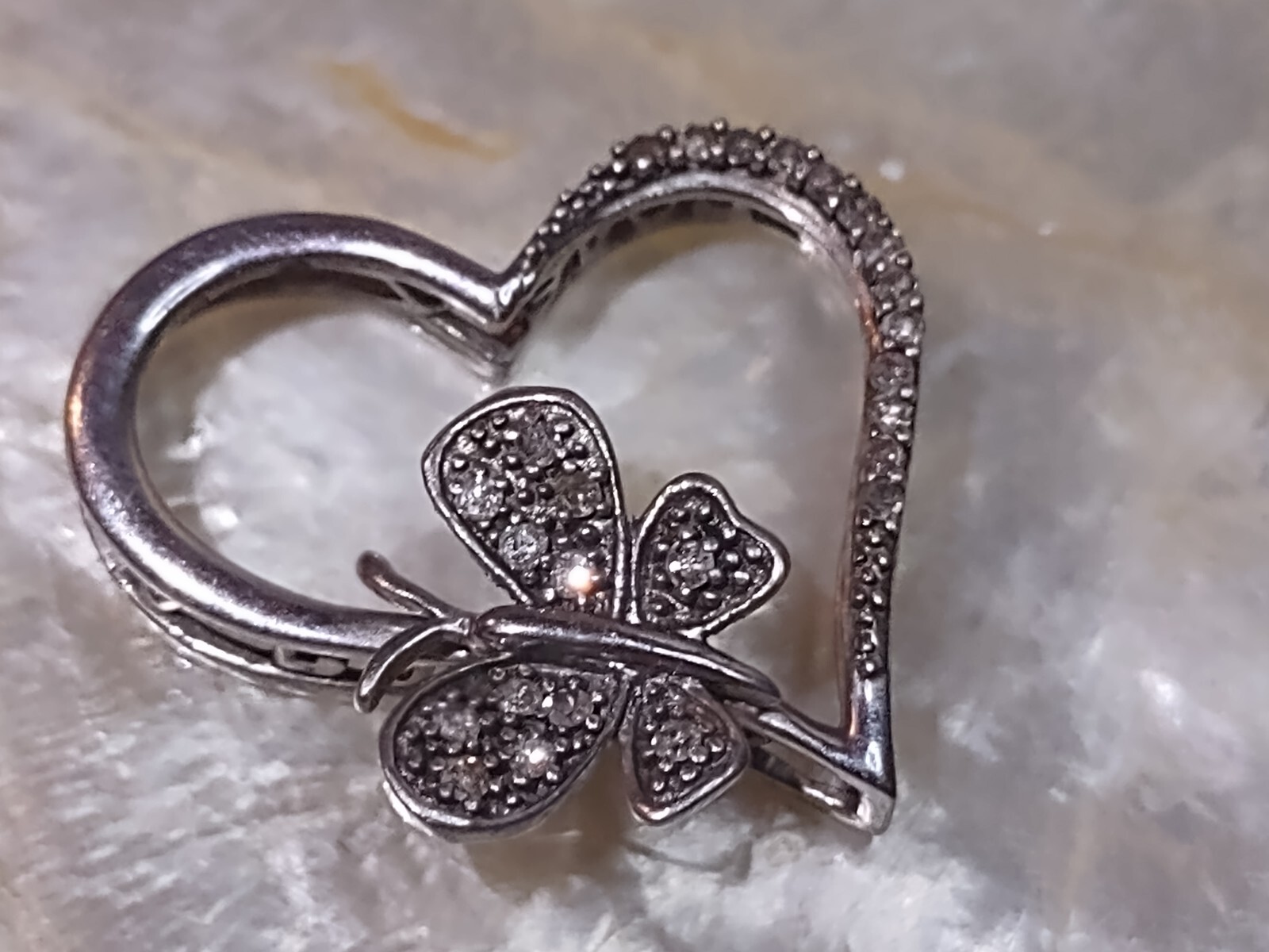 Sterling Silver Open Heart Pendant Butterfly Diamond LOVE