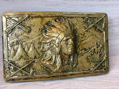 Native American Chief Bronze Belt Buckle 1940s Robbins Co George Thoresen Design