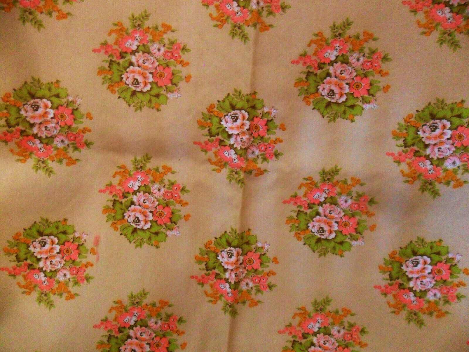 Vintage Cotton FABRIC Beige Pink Orange Flowers Roses Green Leaves 49 1/2
