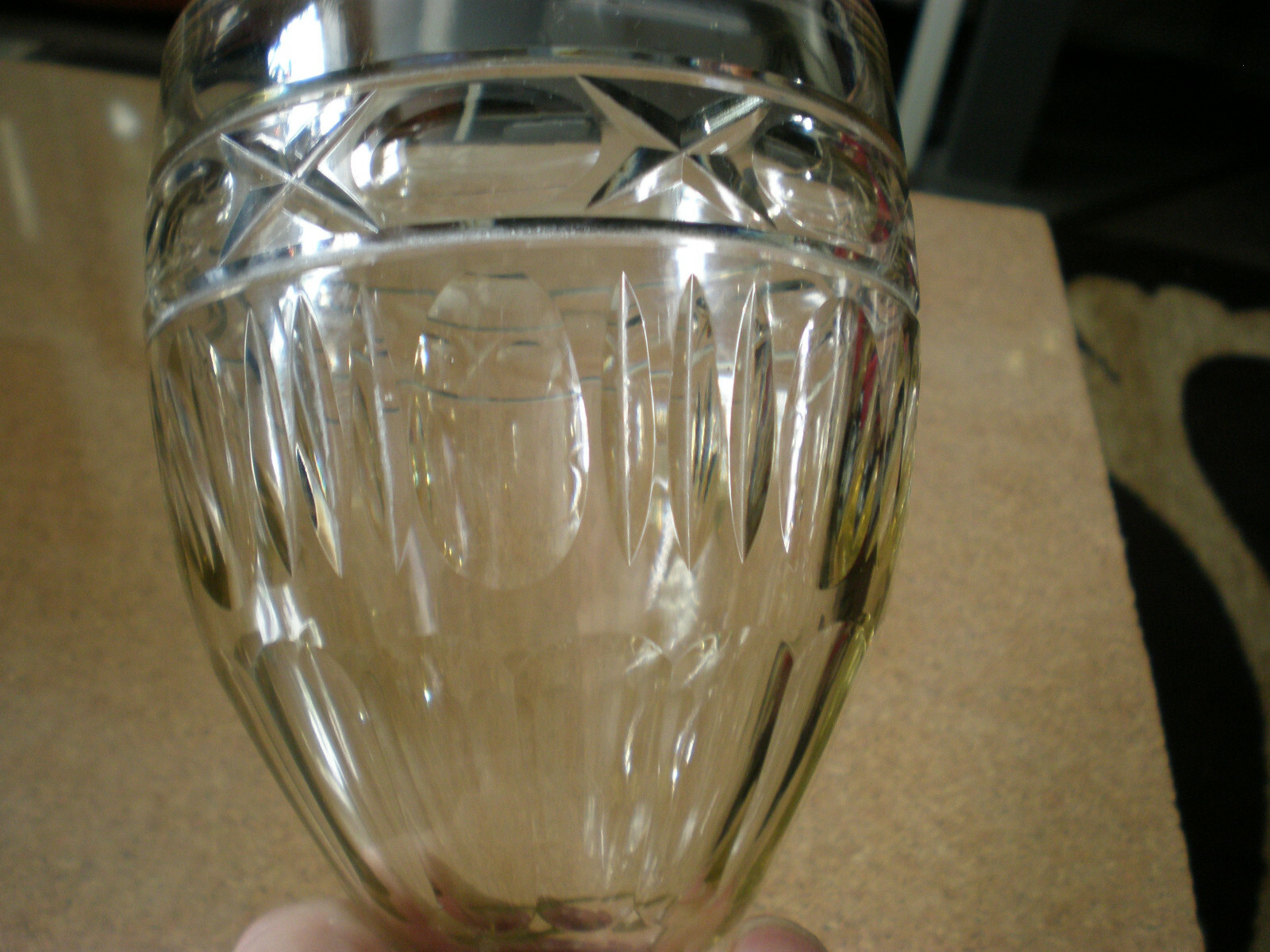 ANTIQUE CUT & POLISHED CRYSTAL GOBLET - FAINT ROSE TINT - WONDERFUL LOOK & RING!