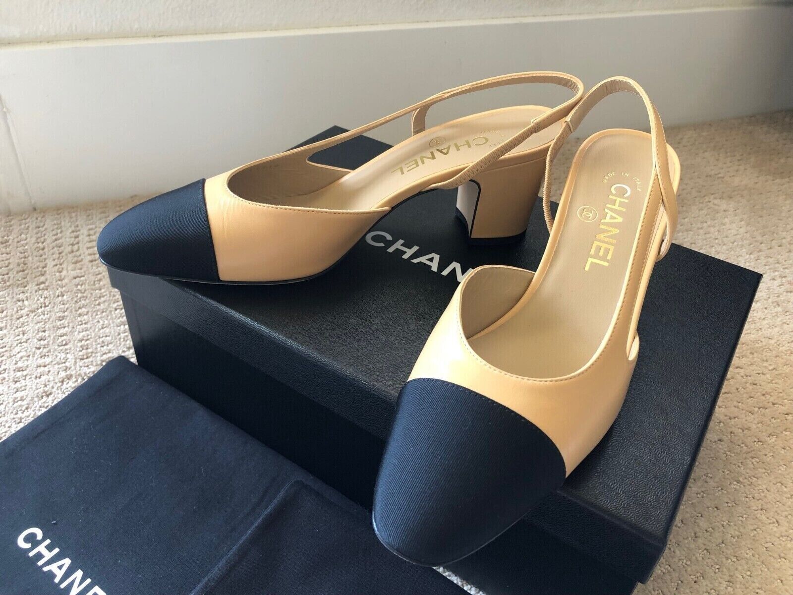 New Chanel Size 39 Beige/Black Goatskin Cap Toe Slingback New Chanel Size 39 Beige/Black Goatskin Cap Toe Slingback